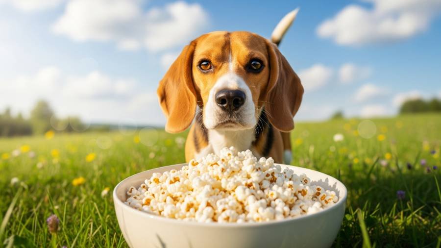 A happy beagle with floppy ears is gazing at a bowl of plain, air-popped popcorn in a bright, outdoor landscape.