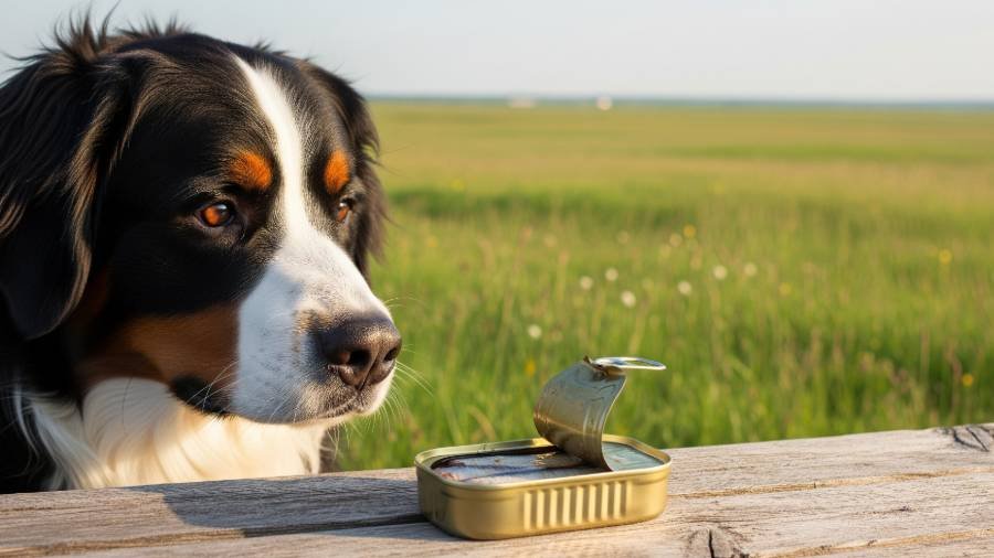 A Bernese Mountain Dog curiously observes an open can of sardines.