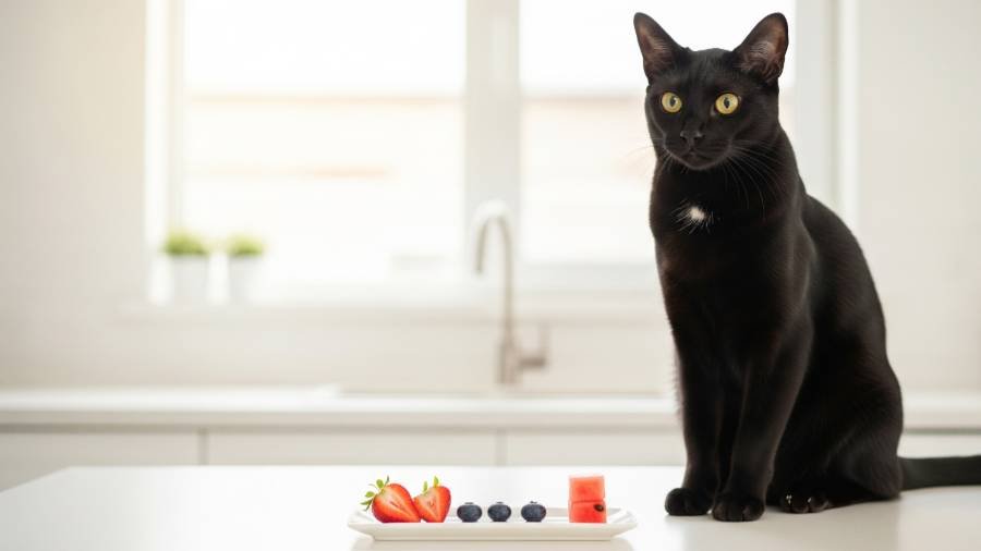 A black Bombay cat observing a small serving of various safe fruits including strawberries, blueberries, and watermelon on a kitchen counter.
