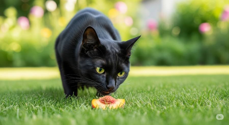 A black cat curiously sniffing a small piece of ripe peach flesh on a patch of green grass, in a serene garden setting.