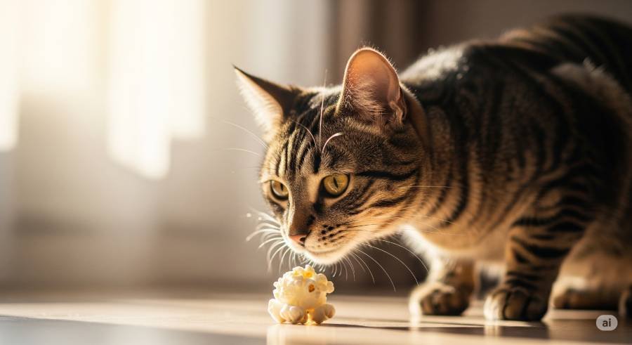 A tabby cat curiously sniffing a single piece of plain, air-popped popcorn, in a softly lit setting.
