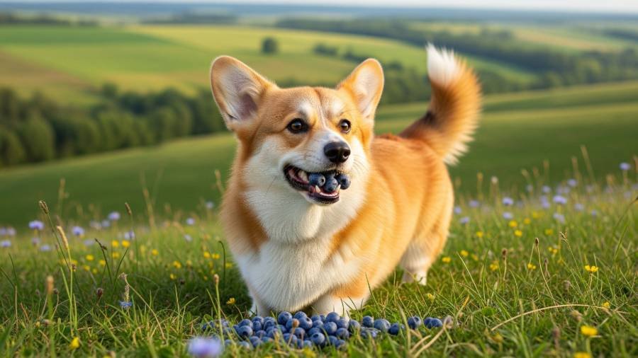 A happy corgi with a cheerful expression is enjoying a handful of blueberries.