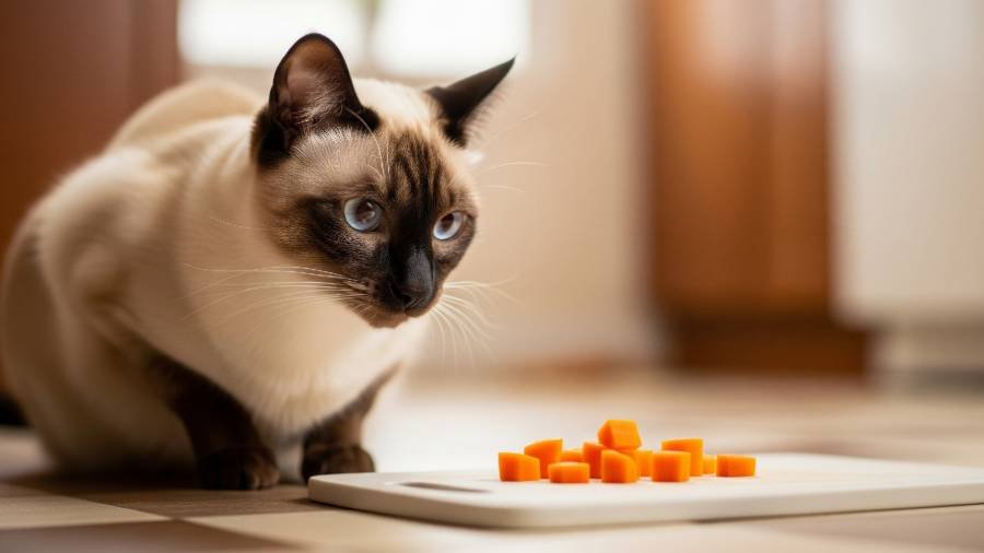 A Siamese cat calmly observing small, cooked carrot pieces on a cutting board in a kitchen.