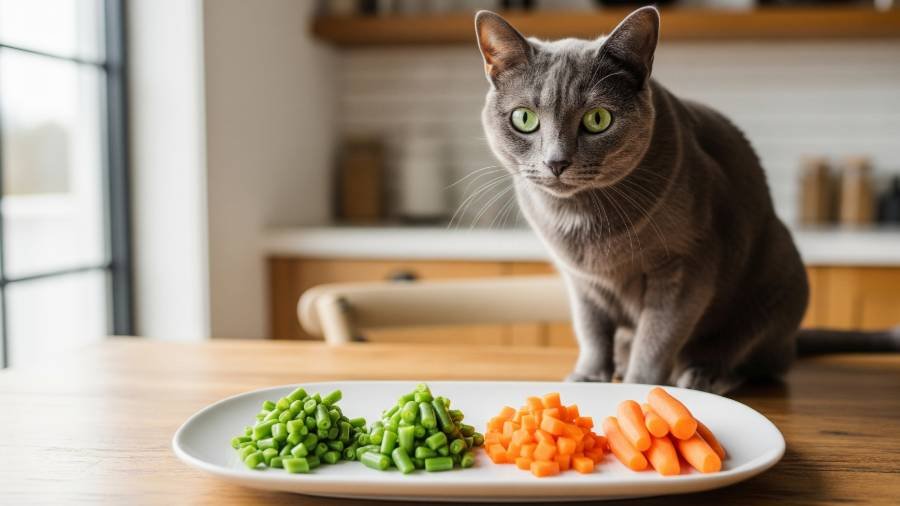 A grey domestic shorthair cat observing small portions of cooked green beans and carrots on a plate.