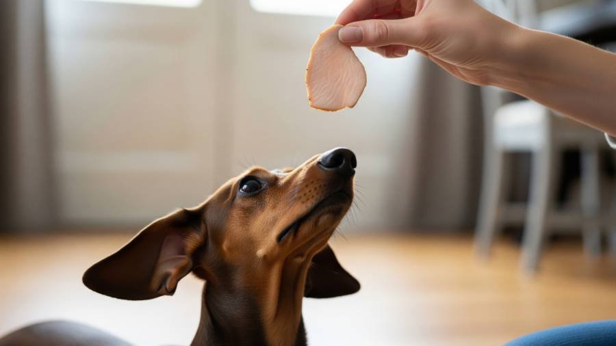 A curious Dachshund dog looking at a small piece of plain, cooked turkey.