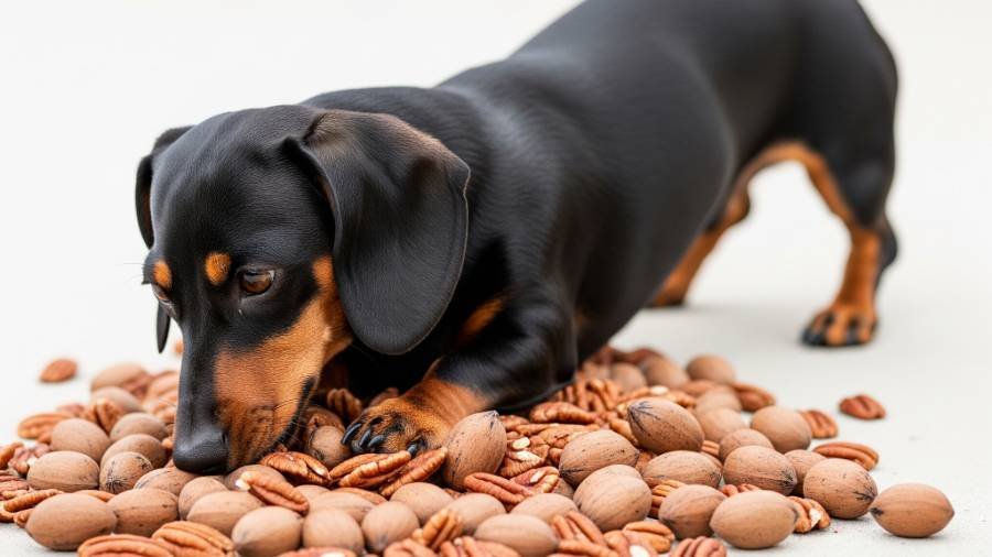 A short-haired dachshund dog with a brown and black coat cautiously sniffs at a pecan on a light-colored wooden surface.