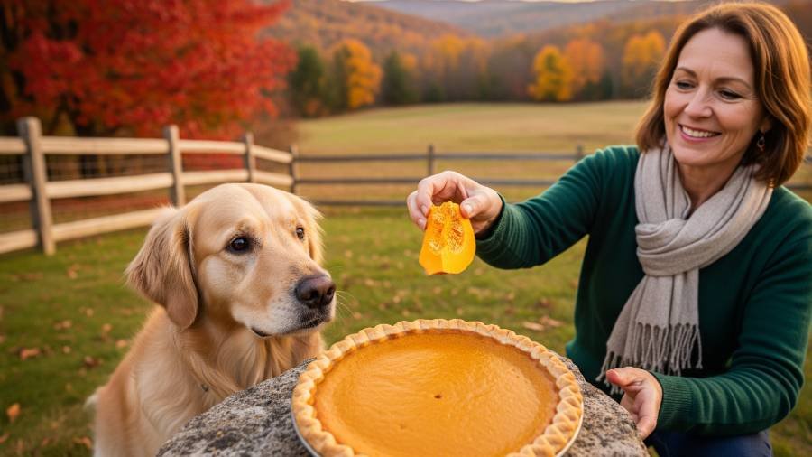 A golden retriever looks longingly at a pumpkin pie while a person offers it plain pumpkin.