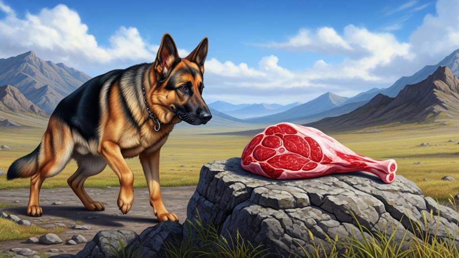 A German Shepherd looks at a piece of raw meat.