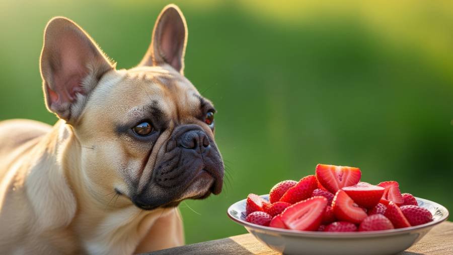 A French Bulldog looking at a bowl of fresh, sliced red strawberries.
