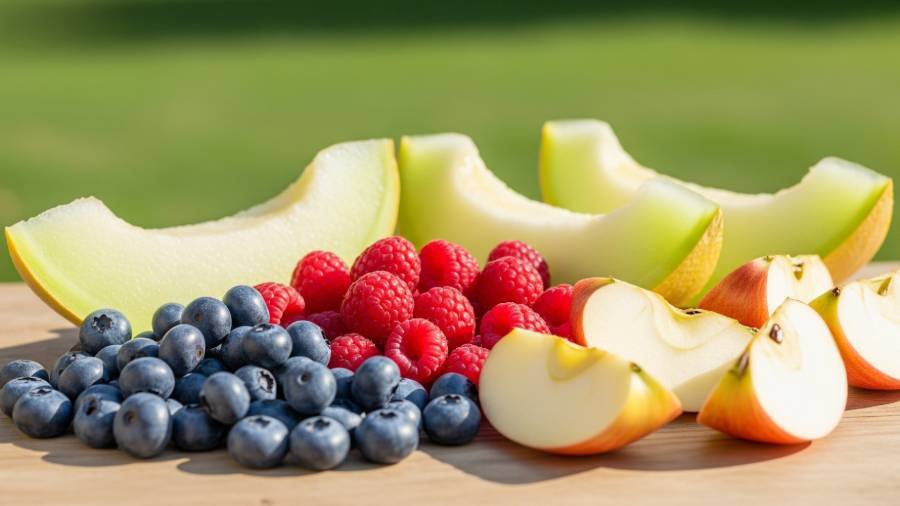 An assortment of dog-safe fruits including blueberries, raspberries, melon, and apples.