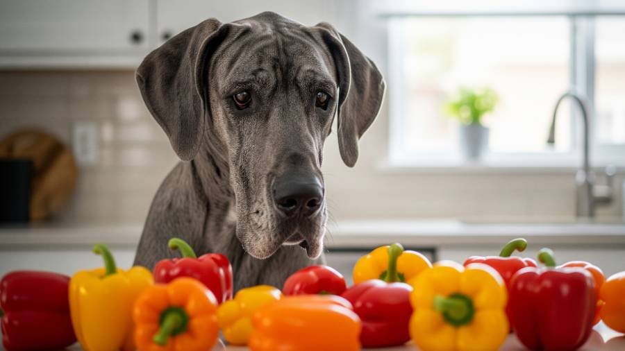 A Great Dane dog curiously looking at a colorful array of bell peppers.