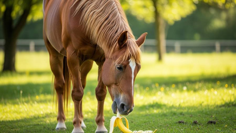 A chestnut horse standing in a green pasture is eating a yellow banana.