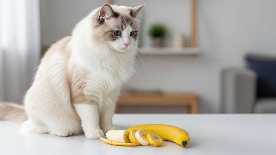 Ragdoll cat sitting next to a few slices of peeled banana.