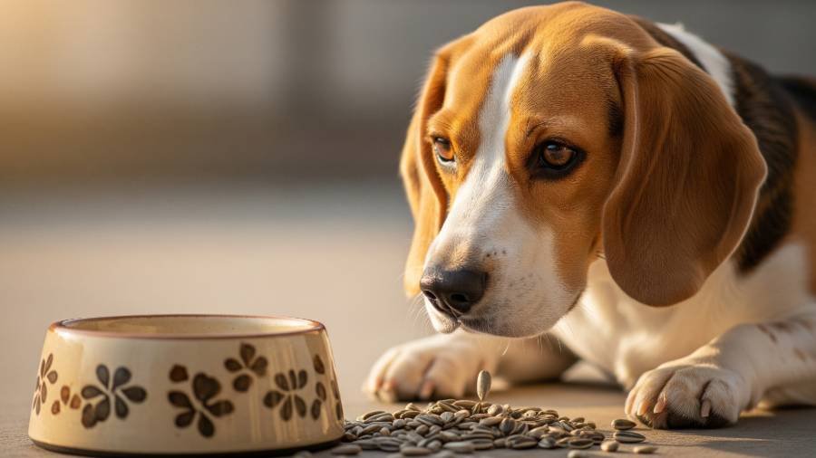 Sunflower seeds next to a dog bowl with a Beagle.