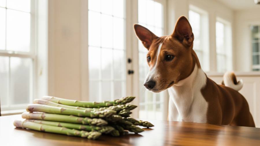 Basenji dog looking curiously at a bunch of asparagus.