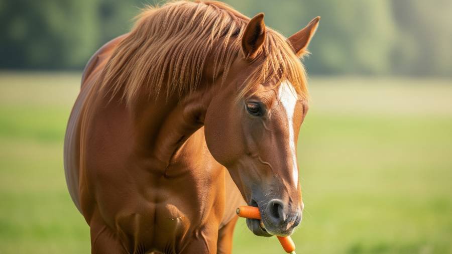 Beautiful bay horse with a flowing mane gently eating a vibrant orange carrot in a lush green pasture.