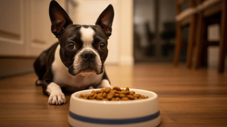 A curious Boston Terrier dog sniffing a bowl of cat food.