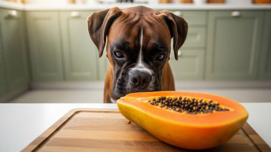 Boxer dog looking intently at a papaya.