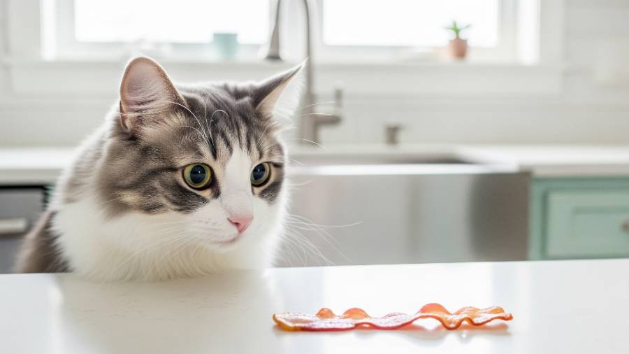 A curious cat is looking at a piece of bacon on a kitchen counter.