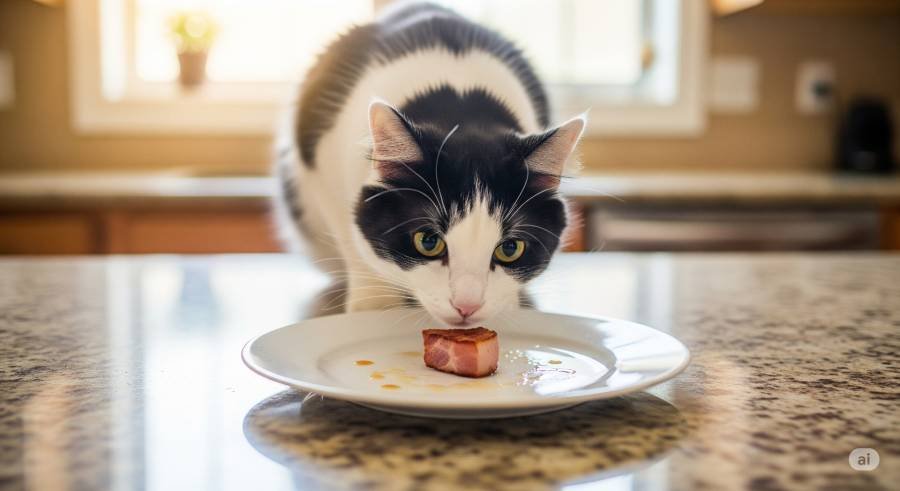 A black and white cat curiously sniffing a small piece of cooked bacon on a white plate, in a bright kitchen.