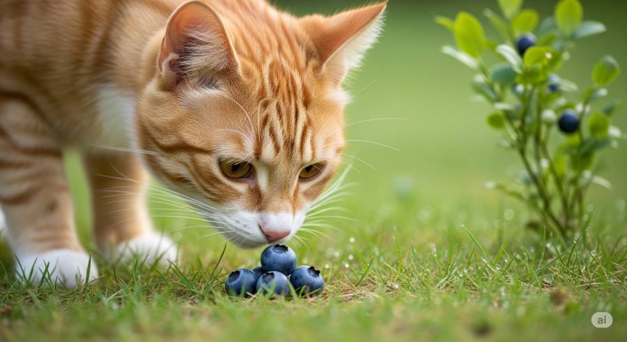 A ginger cat cautiously sniffing a small pile of fresh blueberries on a bed of dewy grass, in a natural setting.