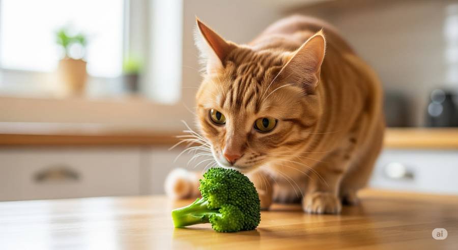 A ginger cat cautiously sniffing a small portion of steamed broccoli
