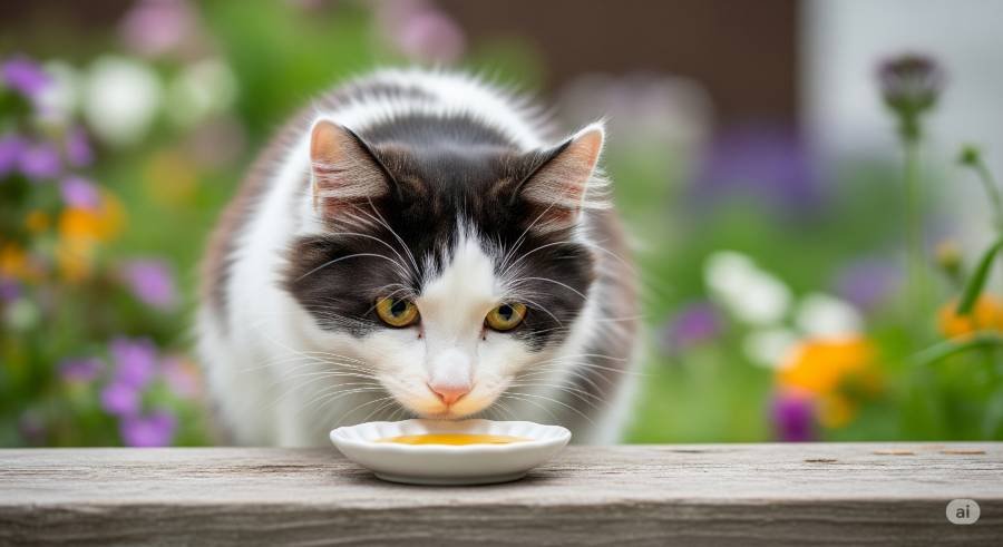 A black and white cat cautiously sniffing a small dish of golden honey on a wooden surface, with a blurred background of green foliage.