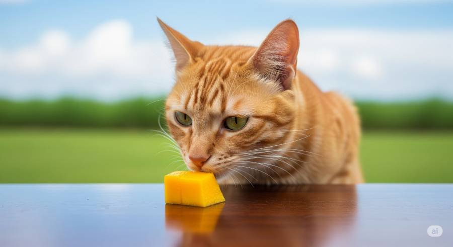 A ginger cat curiously sniffing a small piece of ripe mango flesh on a dark wooden table, with a blurred outdoor background.