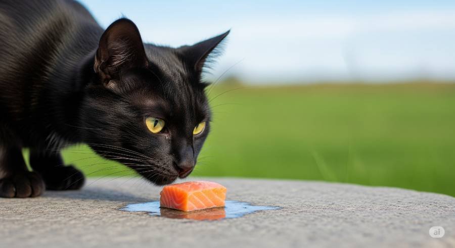 A sleek black cat cautiously sniffing a small piece of cooked, plain salmon.