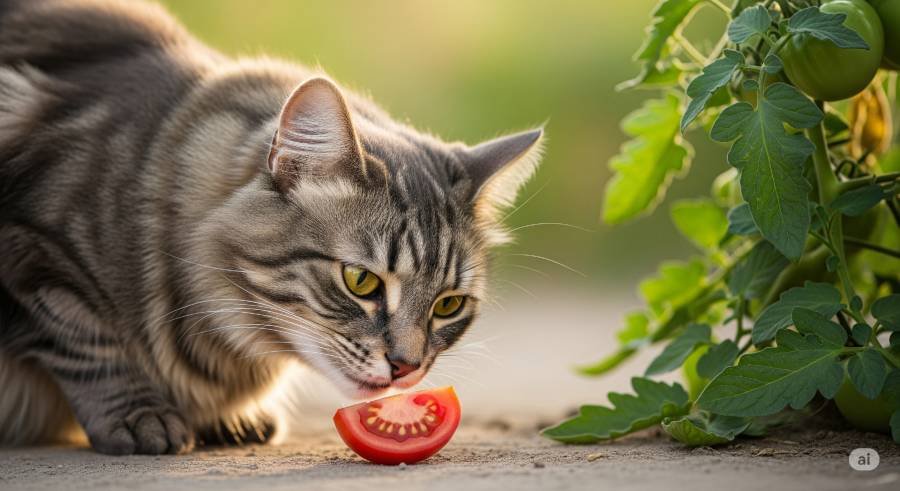 A grey tabby cat cautiously sniffing a piece of ripe, red tomato flesh, with green tomato leaves in the background.