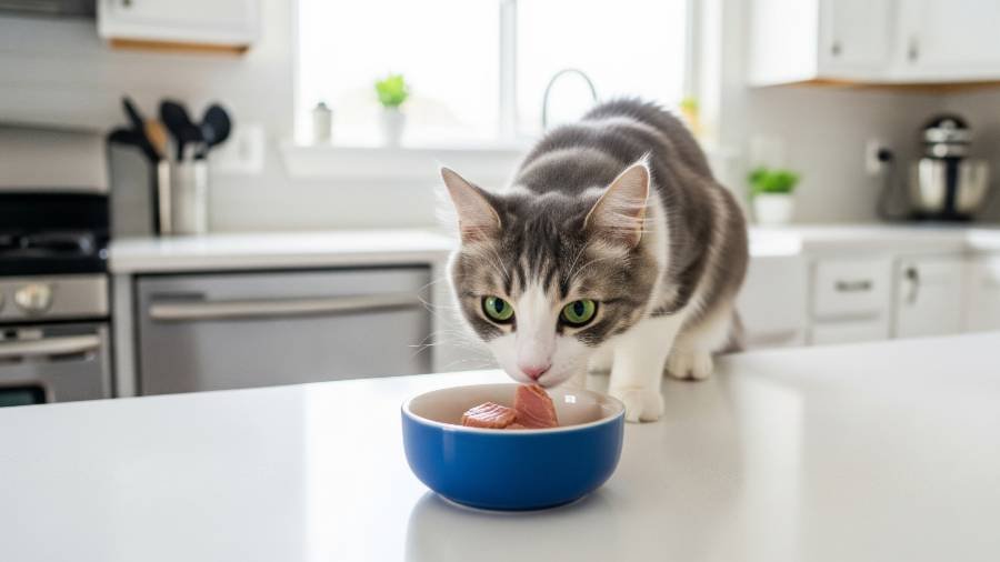 A cat curiously sniffing a small piece of tuna in a bowl in a bright kitchen.