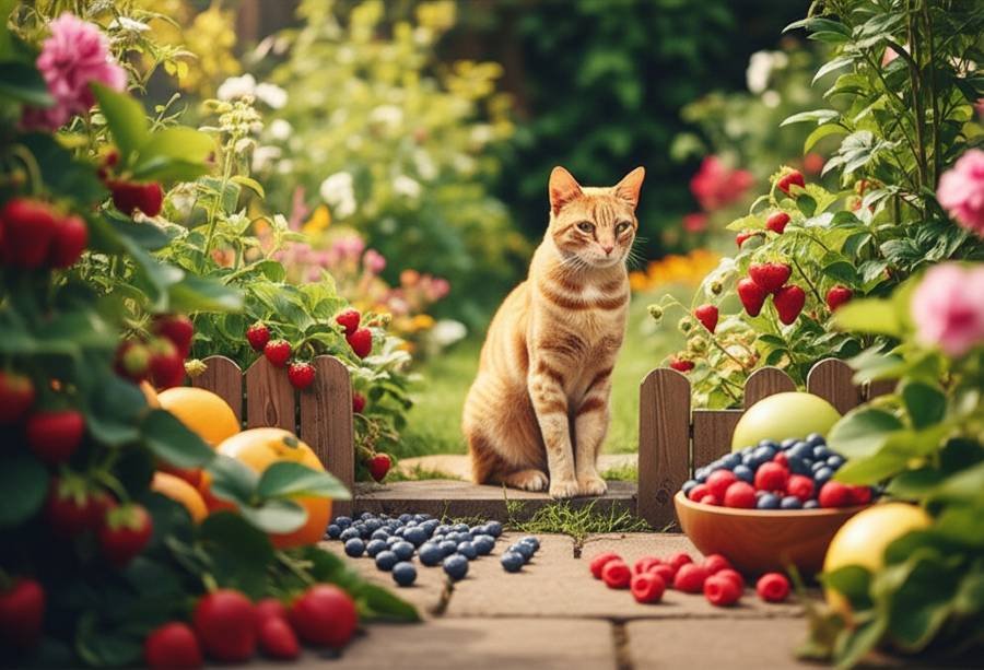 An orange tabby cat sits on a stone path surrounded by various fruits, including blueberries, strawberries, and melons