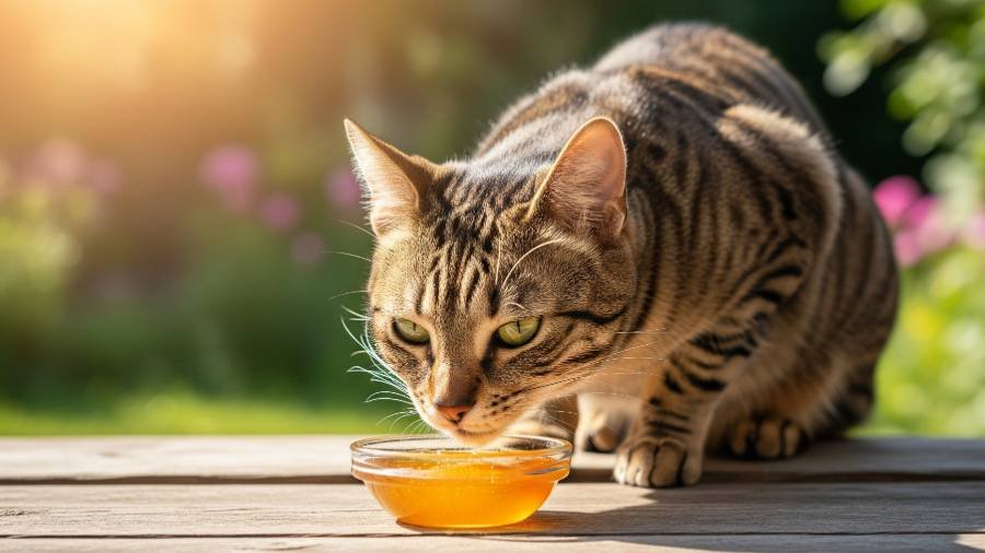 A tabby cat curiously sniffing a small dish of honey.