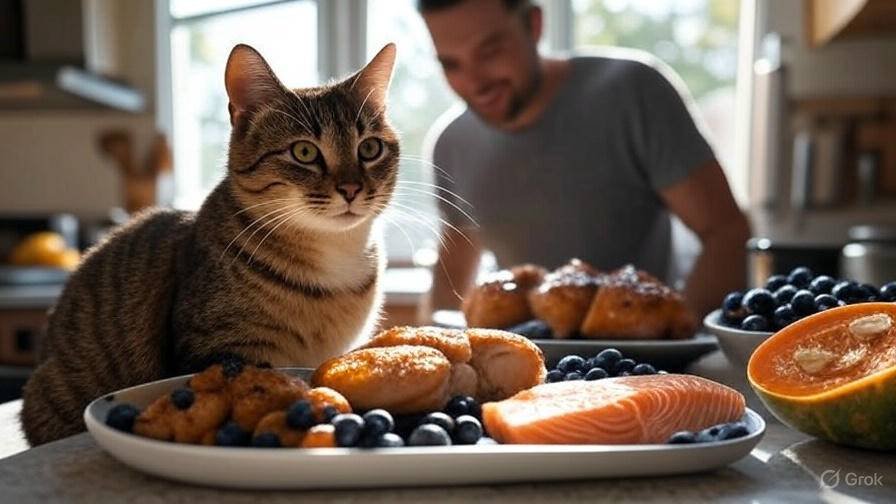 A tabby cat sitting on a kitchen counter surrounded by safe human foods including cooked chicken, salmon, pumpkin slices, and blueberries, with a loving owner blurred in the background, set in a bright and cozy kitchen.
