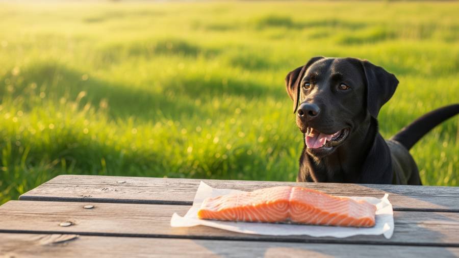 A happy black Labrador Retriever looks at a piece of cooked salmon on a picnic table.