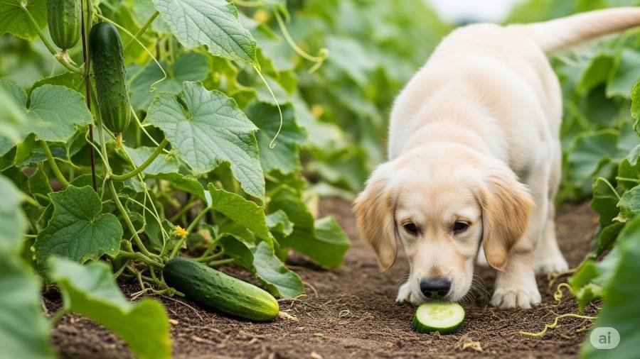 A happy dog is eating a slice of green cucumber on a sunny lawn in a backyard, with more cucumber slices scattered around.