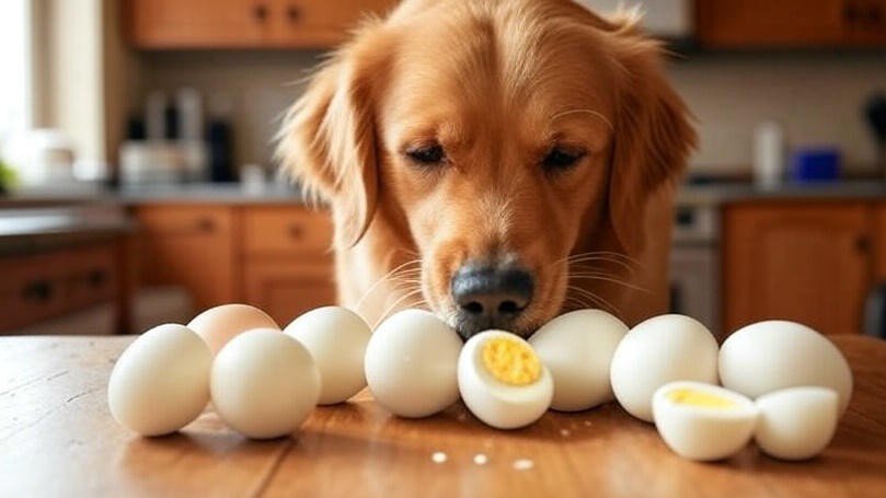 A close-up image of a golden retriever dog eating a hard-boiled egg in a bright kitchen setting, with two plates of halved hard-boiled eggs on a wooden table.