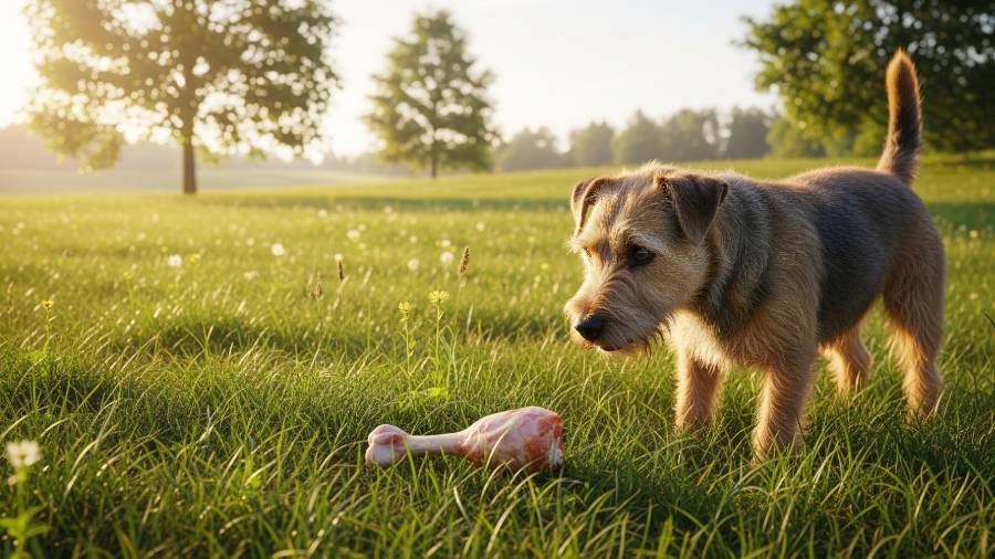 A medium-sized, scruffy terrier dog with a wagging tail is gazing intently at a discarded chicken bone in a sun-drenched meadow. The landscape is filled with bright, warm colors and soft light, with vibrant green grass, scattered wildflowers, and trees framing the horizon. The dog's fur is soft and tousled, reflecting the sunlight.
