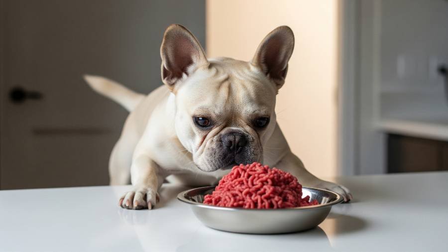 French Bulldog looking intently at a bowl of fresh, raw ground beef.