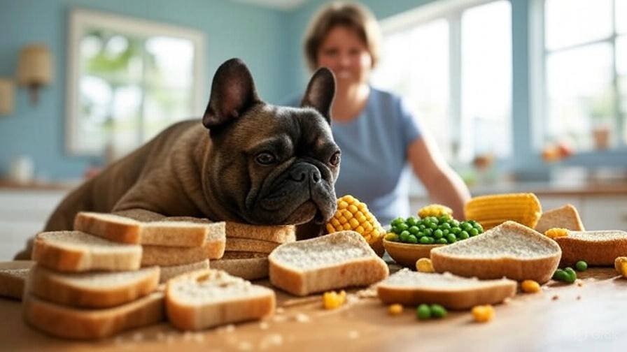 A French Bulldog sitting at a kitchen table surrounded by safe human foods like plain bread slices, corn, and peas, with a loving owner blurred in the background, set in a bright and cozy kitchen.