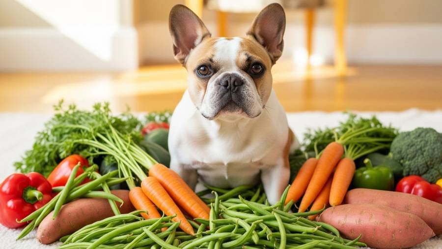 A charming French Bulldog dog surrounded by an assortment of colorful and safe vegetables such as carrots, green beans, and sweet potatoes.
