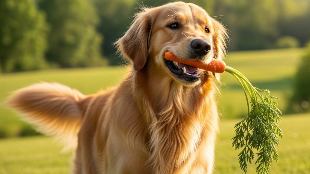 A golden retriever enjoys a nutritious carrot treat.
