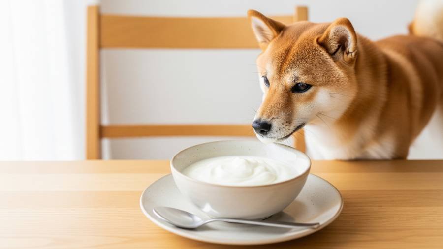 A bowl of plain Greek yogurt with a Shiba Inu dog looking at it.