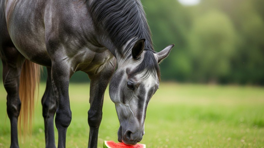 A grey horse is eating a slice of watermelon in a green field.