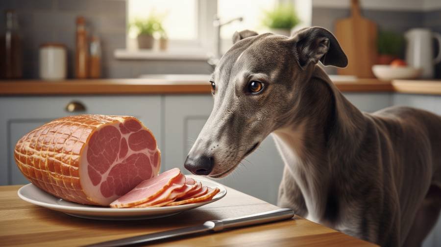 A Greyhound dog looking curiously at a plate of sliced ham.