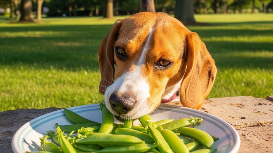 A close-up of a beagle enjoying a sugar snap pea, highlighting a safe and healthy snack for dogs in a natural outdoor environment.