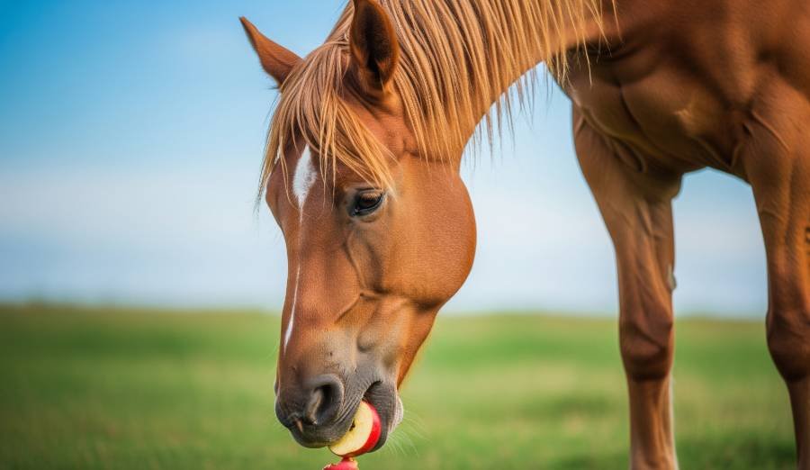 A close-up, natural shot of a brown horse with its mouth slightly open, taking a bite from a red apple slice in a sunny outdoor setting.