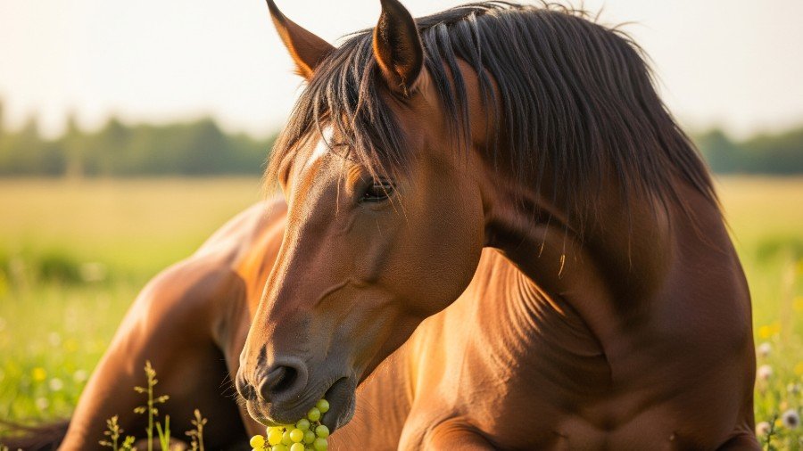 brown horse with a dark mane gently eating a handful of green grapes