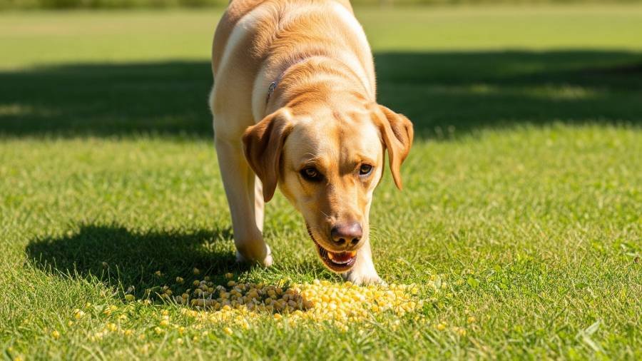 A cheerful labrador dog with a wagging tail enjoys scattered corn kernels in a lush green field under the bright sunshine.