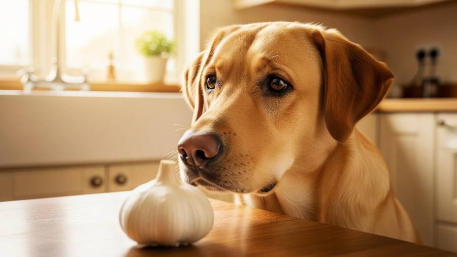 A Labrador Retriever looking cautiously at a bulb of garlic.